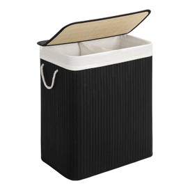 SONGMICS Laundry Hamper, 21.99 Gallons (100L), 2-Section Laundry Basket, Laundry Hamper with Lid, Bamboo, Foldable, Removable and Machine Washable Liner, for Laundry Room, Bedroom, Black ULCB64BK