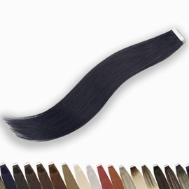 Belowilif Tape in Hair Extensions - Jet Black, Pre-taped Reusable Double sided Seamless Invisible Real Remy Human Hair Skin Weft with Upgrade Strong Tape 4 x 0.9cm (1.58 x 0.36 Inch) 50g 20 pcs 20 Inch