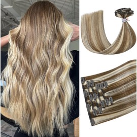 Ukira Balayage Clip in Hair Extensions Human Hair, 18 Inch 70g Light Brown Highlights Bleach Blonde Human Hair Clip in Extensions, Natural Straight Remy Human Hair Clip in Extensions for Women