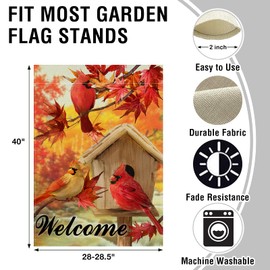 Artofy Welcome Fall Cardinal Red Birds Large Decorative House Flag, Autumn Maple Leaves Birdhouse Yard Garden Outside Decor, Farmhouse Outdoor Home Burlap Decoration Double Sided 28 x 40