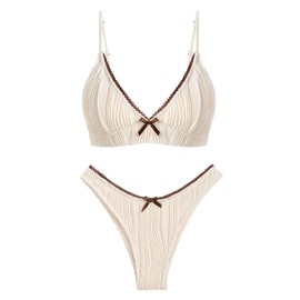 seamoly Trendy Bikini Set V Neck Ribbed Texture Lace Trim Thong Bottom Adjustable Straps Cute 2025 New Swimwear Apricot M