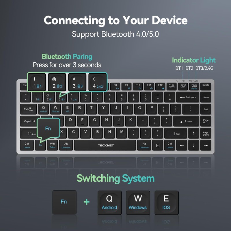 TECKNET Bluetooth Keyboard Rechargeable, 4-Device Free Switching (2.4G+BT)