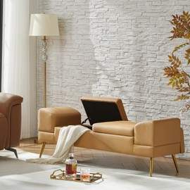 HULALA HOME Living Room Storage Bench with USB 59" Faux Leather Entryway Bench King Upholstered Ottoman with Gold Metal Legs for Bedroom, Camel