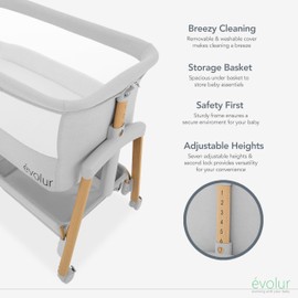 Evolur Lullaby Bedside Bassinet with Wheels, Seven Adjustable Heights, Breathable Mesh Sides Baby Bassinet, Large Storage Basket, Easy to Fold and Carry Travel Bassinet - Travel Bag Included