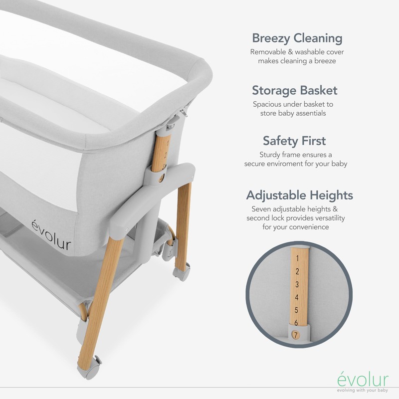 Evolur Lullaby Bedside Bassinet with Wheels, Seven Adjustable Heights, Breathable