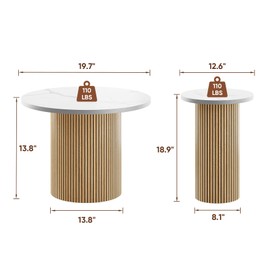 Concho Nesting Coffee Table Oak Set of 2, Marble and Round End Tables for Living Room, Fluted Side Tables with Wood Frame and Brushed Aluminum Edges, Modern Drink Desk for Bedroom, Office