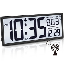 WallarGe - Reloj atómico de 14.5 pulgadas con luz de fondo, reloj de pared digital grande que funciona con pilas, pantalla grande con tem...