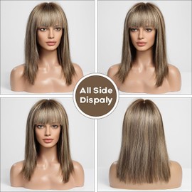 BLONDE UNICORN 16 Inch Bob Wig with Bangs Human Hair,Brown Highlight Bob Wigs for White Women,100% Human Hair Shoulder Length Wigs for Daily Use 180 Density