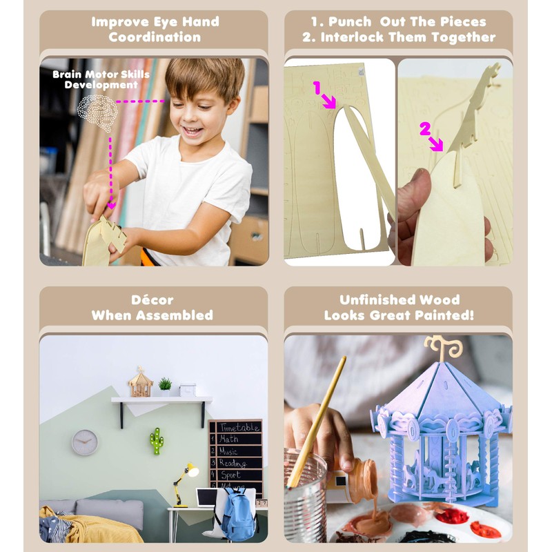 Puzzled 3D Puzzle Carousel Set Wood Craft Construction Model Kit,