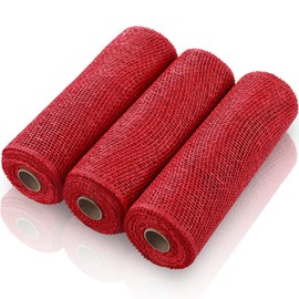3 Rolls Poly Burlap Deco Mesh -10 Inch Wide Deco Poly Decorative Mesh Ribbon Wrapping Ribbon Rolls for Home Door Wreath Decoration DIY Crafts Making (Red)