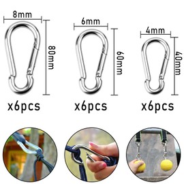 wonkeken Set of 18 Carabiners, Three Sizes of Stainless Steel Buckles, Carabiners and Galvanised Mountaineering Hooks, 4 x 40 mm, 6 x 60 mm, 8 x 80 mm, Suitable for Backpacking, Dog Trekking and