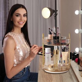 360° Rotating Makeup Organizer, Large-Capacity Skincare Make Up Storage 2 Tier Perfume Organizers Cosmetic Dresser Organizer with Makeup Brush Holder, Fits Bedroom, Bathroom, Vanity Shelf Countertop