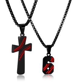 RWQIAN Baseball Necklace for Boys Baseball Number Pendant Necklace Stainless Steel Men Baseball Cross Necklace and Number 6 Chain Set Jewelry Gift