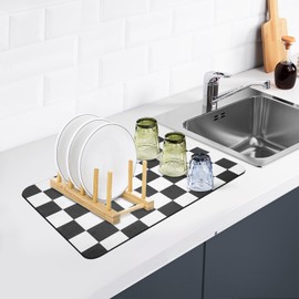 Checkerboard Dish Drying Mats for Kitchen Counter 19x12in Black and White Coffee Mat Coffee Bar Mats for Countertop Absorbent Dish Drying Mat Stylish & Cute