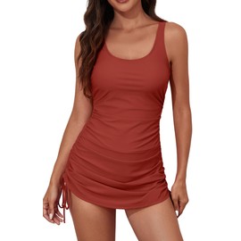 Eomenie Women's One Piece Swimdress Swimsuit with Drawstring Tummy Control Bathing Suits Push Up Swim Dresses with Bottom Reddish Brown