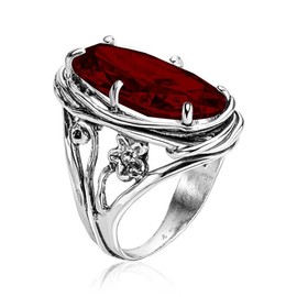 925 Sterling Silver Ring with Oval Shaped Cubic Zirconia - Floral Vintage Design - Hypoallergenic, Nickel & Lead-free - Artisan Handcrafted Designer Collection - Garnet