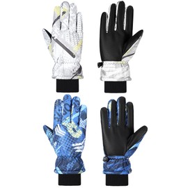 SATINIOR 2 Pairs Kids Waterproof Winter Snow Gloves Ski Gloves for Boy Girl Outdoor Warm Thickening Snowboard (Blue Gold, Gray Gold,6-13 Years)