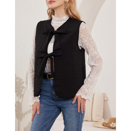 Xuehaya Women Leopard Puffer Vest Floral Print Quilted Jacket Tie Front Sleeveless Padded Gilet, Black, Medium