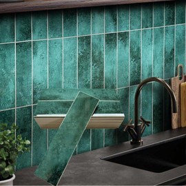 Decopus Luxury Peel and Stick Subway Tile Backsplash (Green Emerald in Brick 2.5" x10"Brick x 42 pcs) Hard as Stone for Wall of Kitchen, Bathroom, Accent Wall, Car Camper, Stickon for Remodeling