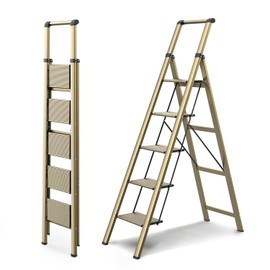 WOA WOA 5 Step Ladder, Ladders for Home, Anti-Slip Pedals, Aluminum Step Stool Foldable, Lightweight to Move, Ease of Storage, Reach 10ft for Closet Kitchen Library, Hold 300lbs - Gold