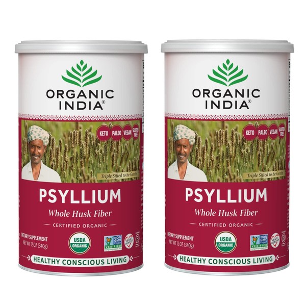 Organic India Psyllium Herbal Powder - Whole Husk Fiber, Healthy Elimination, Keto Friendly, Vegan, Gluten-Free, USDA Certified Organic, Non-GMO, Soluble & Insoluble Fiber Source - 12 Oz Canister (Pack of 2)