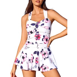 MiYang Women's One Piece Slim Swim Dress Bathing Swimwear White Floral Large (US 12-14)
