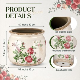 Ninehaoou Vintage Planter Large Ceramic Plants Pot Beige Pink French Rose Ice Crack Cottage Scroll Vase Flower Vase Pot Indoor Plants Home Kitchen Decor Farmhouse Antique Decorative Gifts