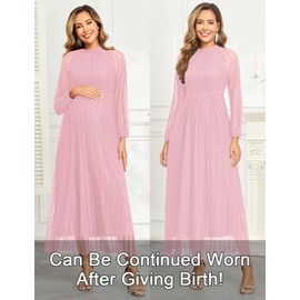 AISWI Maternity Sparkly Dress Halter Neck A Line Long-Sleeve Raglan Pregnancy Dresses Semi Formal Baby Shower Photoshoot, Pink, Large