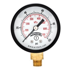 Winters PEM Series Steel Dual Scale Economical All Purpose Pressure Gauge with Brass Internals, 0-100 psi/kpa, 2" Dial Display, +/-3-2-3% Accuracy, 1/8" NPT Bottom Mount