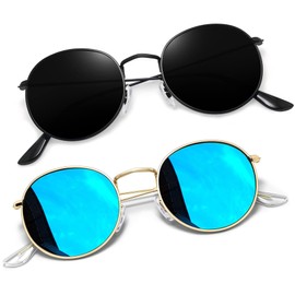Joopin 2 Pack Metal Circle Sunglasses Polarized UV Protection, Trendy Thin Rim All Black Sun Glasses, Gold Frame Mirror Blue Sunnies