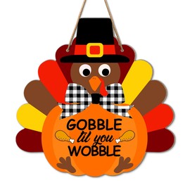 Thanksgiving Turkey Wooden Sign Wall Decor, Gobble Til You Wobble Thanksgiving Fall Welcome Wood Hanging Door Signs Decorations for Home Office Kitchen Front Door