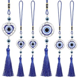 Beavorty Adornos Colgantes De Ojo Turco para Carro 6 Piezas En Forma De Corazón Y Redondo con Borlas Decoración Colgante para Espejo Retrovisor Y Accesorios De Protección