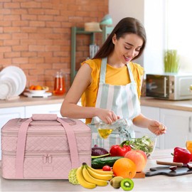 Vuudh Quilted Double Decker Casserole Carrier - Expandable Dish Carrying Case for Hot or Cold Food, Lasagna Holder for Potluck Parties, Picnic, Beach, Fits 9"×13" Baking Dish (Pink)
