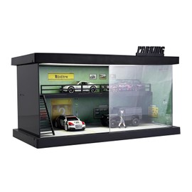 Hot Diecast Wheels Display Case - 1/64 Scale Die-cast Model Car Display Case with LED Light and Acrylic Cover, Mezzanine Parking Garage(1/64-M-greenwall)