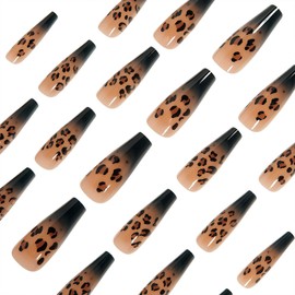 Leopard Print Press on Nails Long Fake Nails Coffin Shaped French Tip Acrylic Nail Black Gradient Glue on Nails False Nails with Gloss Designs Full Cover Stick on Nail for Women Manicure 24Pcs