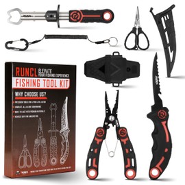 RUNCL 4pc Fishing Tool Kit- Fishing Pliers, Fish Fillet Knife with Sharpener, Fish Lip Gripper, Fishing Braid Scissors, Saltwater Fishing Gear and Equipment with Sheath/Lanyard, Fishing Gifts for Men