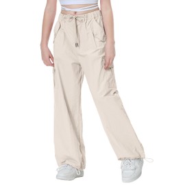 Rolanko Parachute Pants for Girls Y2K Cargo Pants Trousers with Pockets Harajuku Jogger Pants for Kids Streetwear (Beige, 10-12)