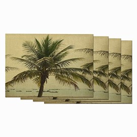 Zaueky Palm Leaf Place Mat Set of 4 Summer Seaside Palm Trees Nature Beautiful Tropical Plant Cotton Linen Placemats Non-Slip Washable Table Mats 12X18 Inches