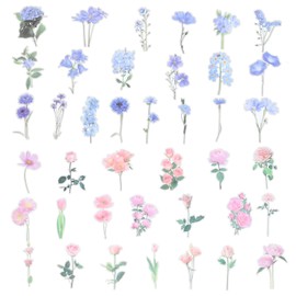 PATIKIL Transparent Flower Vinyl Stickers, 80 Sheet Waterproof PET Flowers Decals Floral Stickers for Scrapbook Journaling Crafts DIY Water Bottles, Blue & Pink