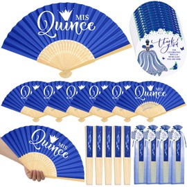 Threehoney 25 Sets Quinceanera Favors for Guests Bamboo Folding Paper Fans with Thank You Tags and Gift Bag Handheld Fans 15 Birthday Party Favors Birthday Decorations for Girls(Blue)