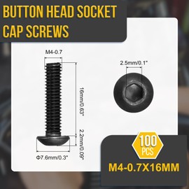 DTGN M4-0.7x16mm Button Head Socket Cap Screws - 100Pack - Good for Road Bicycle, Mountain Bike, Auto, Motorcycle - Carbon Steel Black Oxide - Hex Drive Fasteners