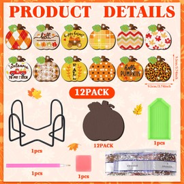 Suttmin 12 Pcs Fall Thanksgiving Diamond Art Coasters Pumpkin Diamond Painting Coasters with Holder DIY Pumpkin Diamond Coasters Kit Rustic Diamond Coasters Crafts for Gift Kids Adult Beginners DIY
