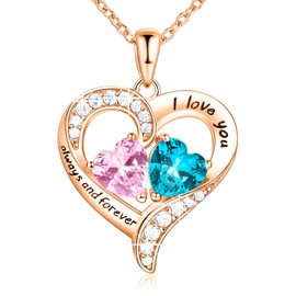 18K Rose Gold Heart Necklace, Birthstone Necklace Jewelry for Women with 2 Birthstones, Customized Gifts for Women Mom Wife Grandma Sister Friend, I Love You Always and Forever, Gold, Cubic Zirconia