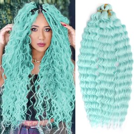 YEESHEDO 3 Packs Ocean Wave Crochet Hair Extensions for Women,Long Deep Wavy Light Green Curly Synthetic Hair Boho Braids Locs Crochet Hair,22inch(Cyan)