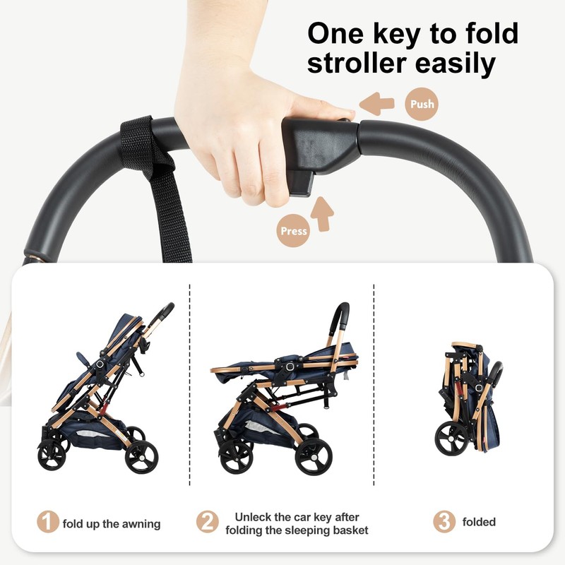 2 in 1 Baby Stroller Blue Newborn Stroller Foldable Convertible