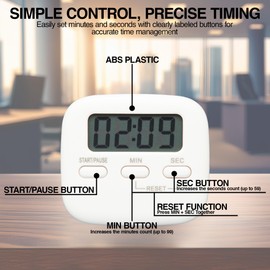 Digital Kitchen Timer Magnetic Backing Stand, Alarm LCD Timer for Kitchen, Baking, Exercise Training, Study, Count up and Count down Clock, White