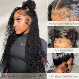 Hidden Strap 360 Lace Front Wigs Human Hair Deep Wave Wig with Drawstring Upgraded Full Lace Frontal Human Hair Wigs Pre Plucked 360 Deep Wave Lace Front Wigs For Black Women (18 Inch)
