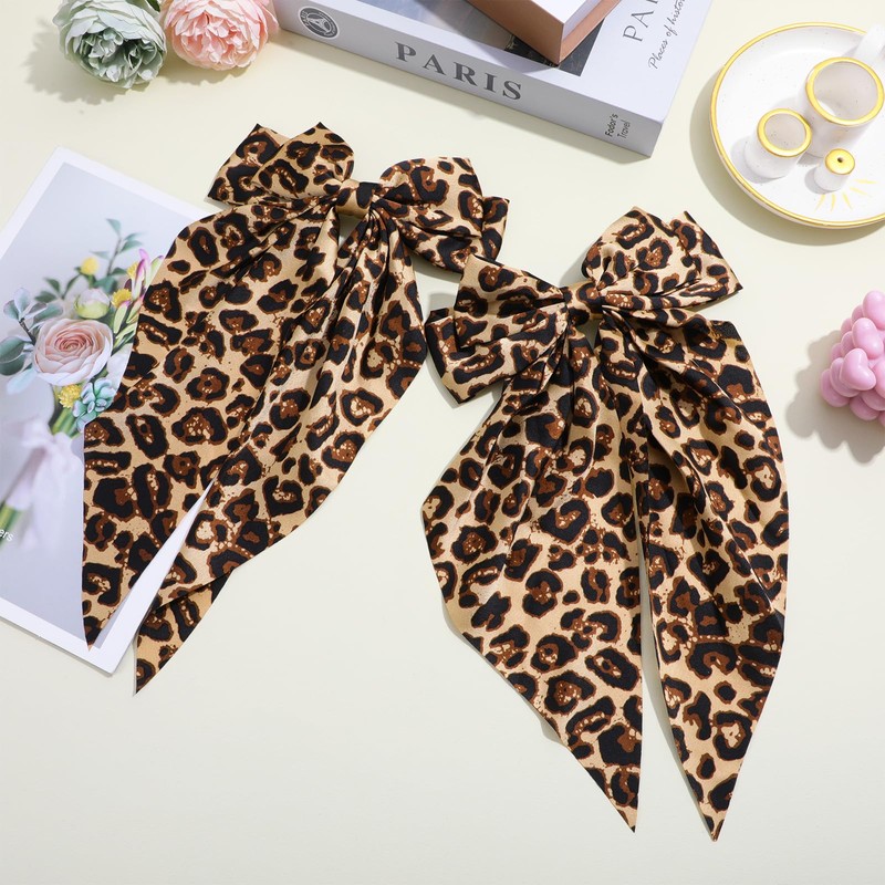 Mabor 2Pcs Leopard Print Hair Bow Clips with Long Tail