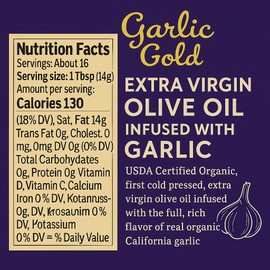 Garlic Gold Extra Virgin Olive Oil Infused with Garlic, Premium Certified USDA Organic, Low FODMAP, Cold Pressed (250 mL, 6 Pack)