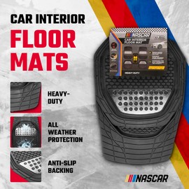 NASCAR Elite Car Floor Mats – 4-Piece Set | Heavy Duty All-Weather Rubber | Universal Trim-to-Fit for Cars, Trucks, & SUVs | Traps Dirt, Snow & Water | Silver & Black Floor Mats